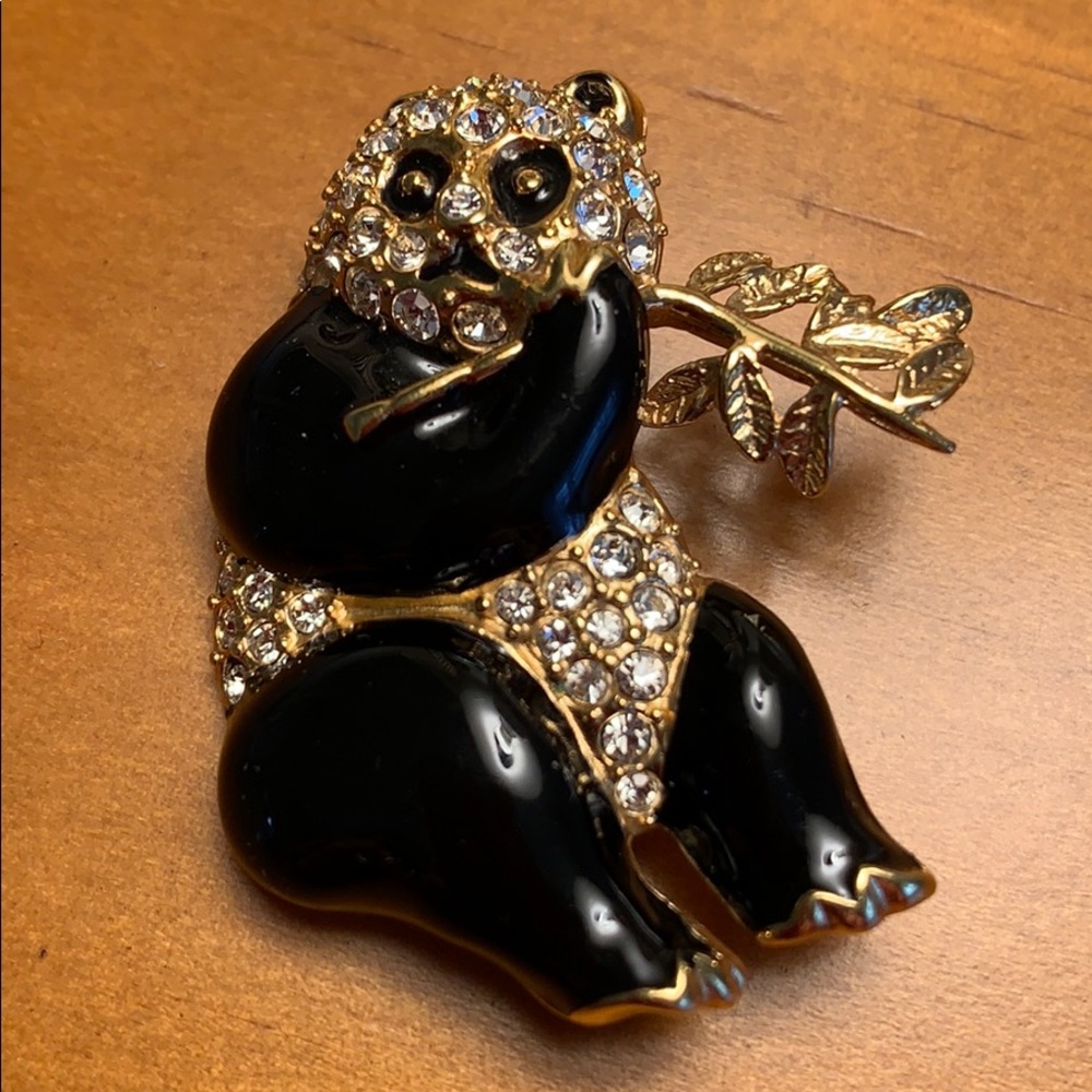 KREMENTZ Panda Bear Brooch Pin Black Enamel Rhinestone Gold Tone Bamboo VTG
